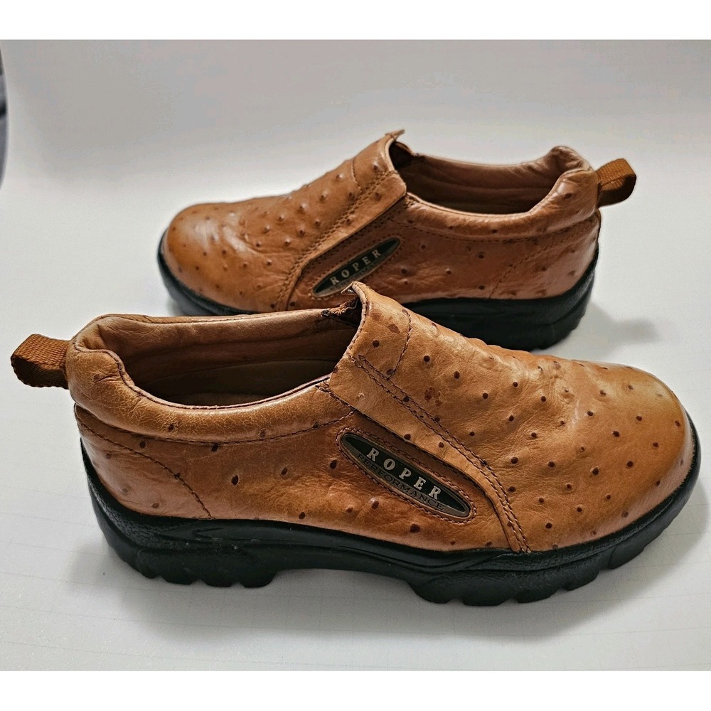 Roper Performance Womens Slip On Brown Ostrich Leather Western Shoes Sz 6